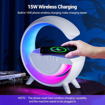 G-Shape Multifunctional Speaker Wireless Charger, 15W Fast Charging, Atmosphere Lamp with Bluetooth Speaker, FM Radio