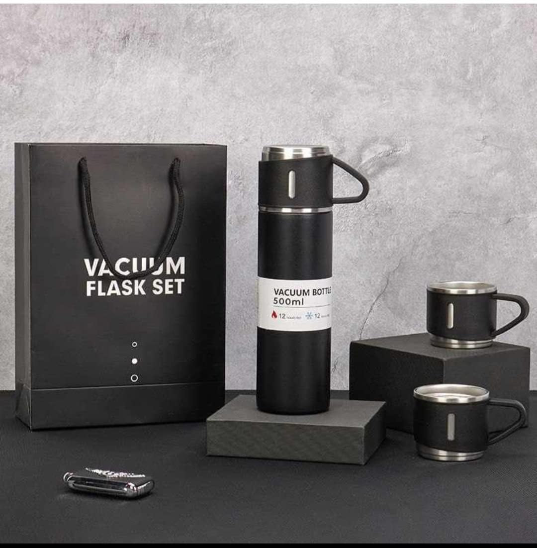 Double Wall Stainless Steel Thermo 500ml Vacuum Insulated Bottle Water Flask Gift Set with Two Cups Hot & Cold